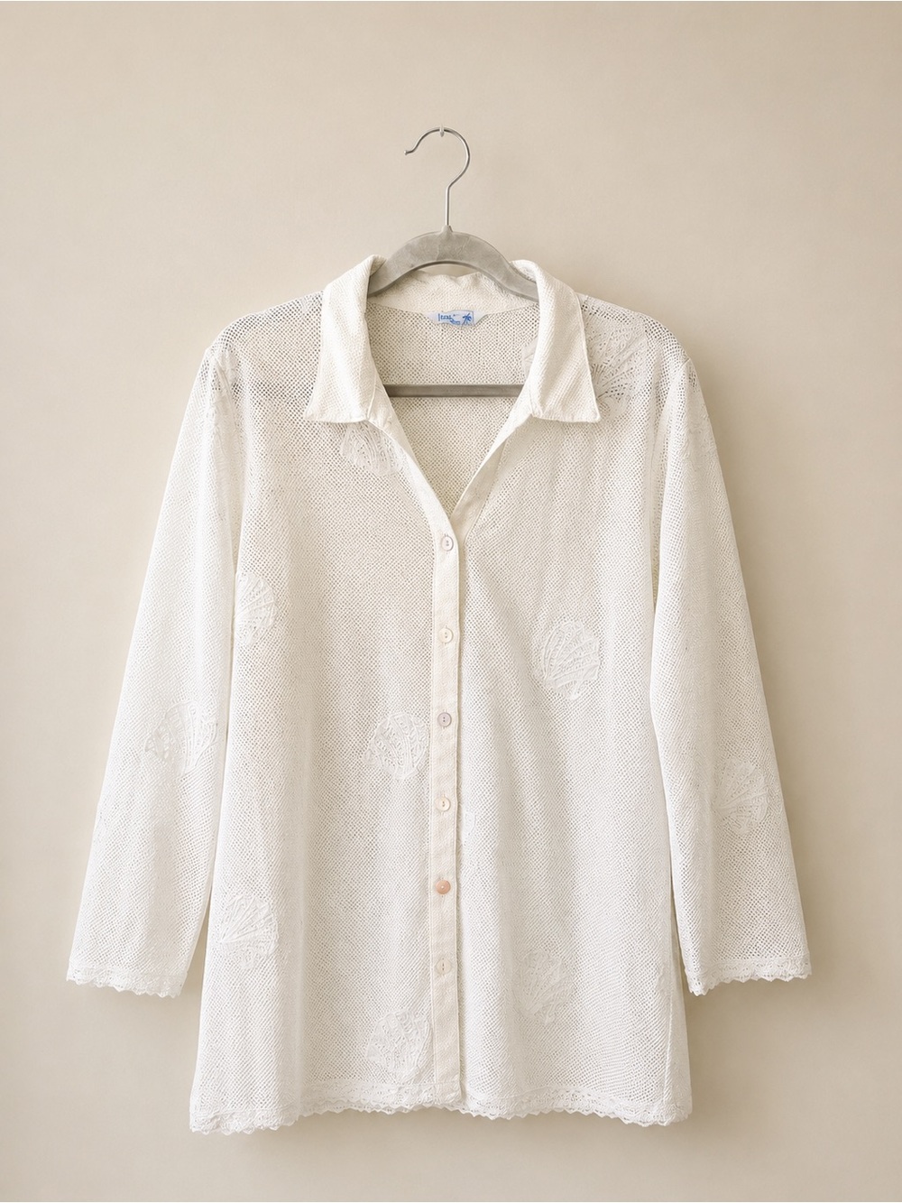 Blue Island Ivory Shell Detail Long Sleeve Button Down Mini Dress Beach Coverup